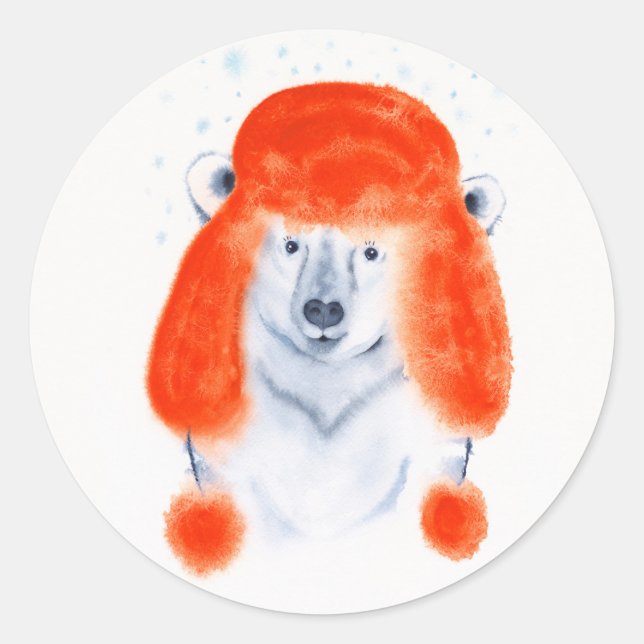 Cute Polar Bear Cub in Red Winter Hat Christmas Classic Round Sticker (Front)