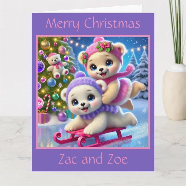 Cute Polar Bear Cubs on Sled Card (Front)