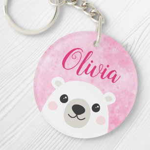 Cute polar bear custom name pink key ring