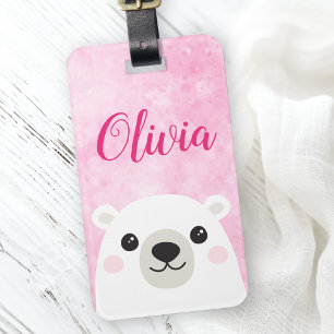 Cute polar bear custom name pink luggage tag