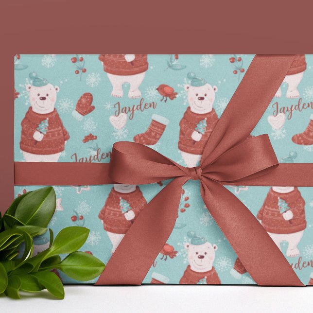 Cute Polar Bear Customisable Wrapping Paper (Cute Personalized Name Polar Bear Wrapping Paper
)