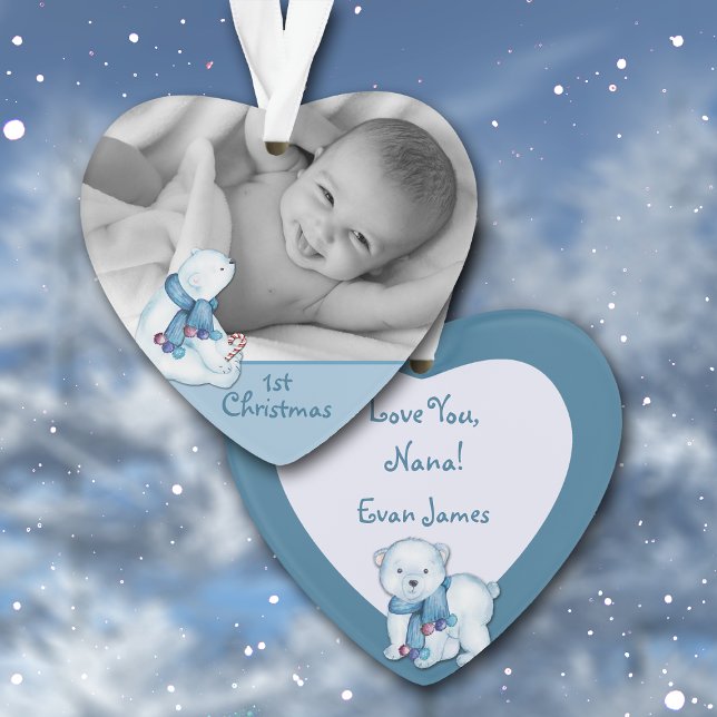 Cute Polar Bear First Christmas Photo Template Ornament (Creator Uploaded)
