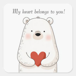 Cute Polar Bear Hugging a Red Heart - Love Square Sticker