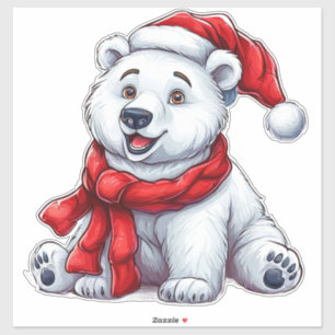 Cute Polar Bear in Santa Hat and Scarf