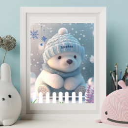 Cute Polar Bear in Snow Blue Hat Scarf Custom Art Poster