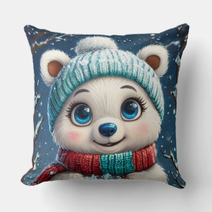 Cute Polar Bear in Winter Scarf Cushion