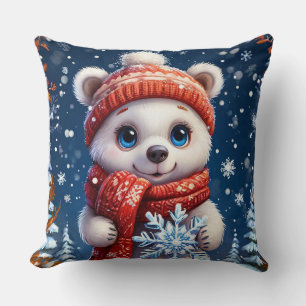 Cute Polar Bear in Winter Scarf Cushion
