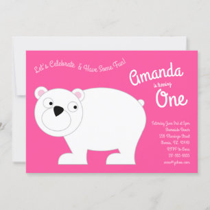 Cute Polar Bear Kids 1st Birthday Party Pink Invitation
