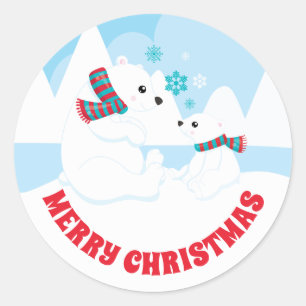 Cute Polar Bear Mum and Baby Merry Christmas Classic Round Sticker