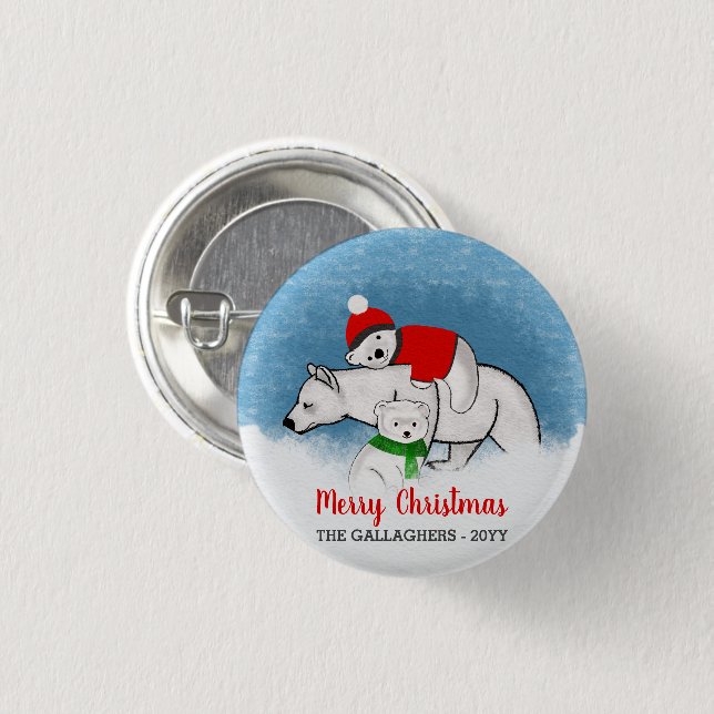 Cute Polar Bear Mum With Cubs Merry Christmas 3 Cm Round Badge (Front & Back)