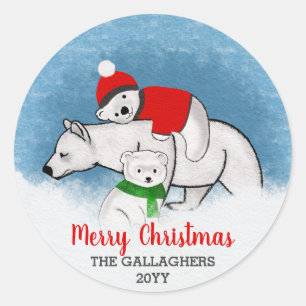 Cute Polar Bear Mum With Cubs Merry Christmas Classic Round Sticker