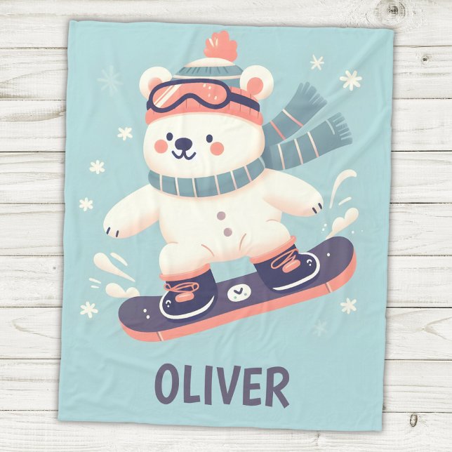 Cute Polar Bear on a Snowboard Personalised Fleece Blanket (Creator Uploaded)