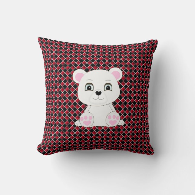 Cute polar bear on black and red diamond pattern cushion (Front)