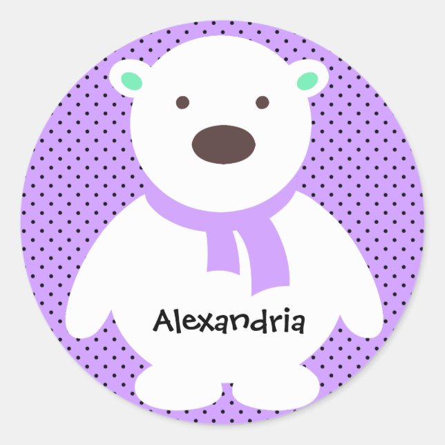 Cute Polar Bear on Lilac, Add Name Classic Round Sticker (Front)