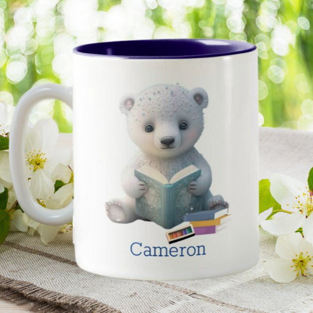 Cute Polar Bear Reading a Book Personalised  Two-Tone Coffee Mug (Creator Uploaded)