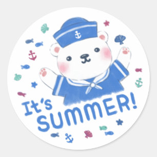 Cute Polar Bear Sailor in Summer Illustration Classic Round Sticker