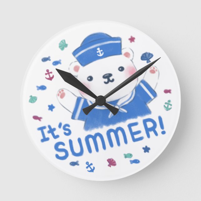 Cute Polar Bear Sailor in Summer Illustration Round Clock (Front)