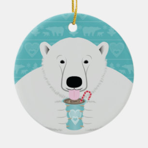 Cute Polar Bear Sips Hot Chocolate on Teal Ceramic Tree Decoration