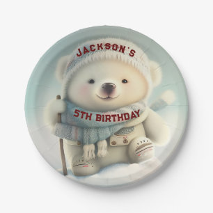 Cute Polar Bear Skiing Snowflake Winter Wonderland Paper Plate