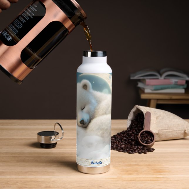 Cute Polar Bear Sleeping Moon Clouds Kids Name Water Bottle (Coffee)
