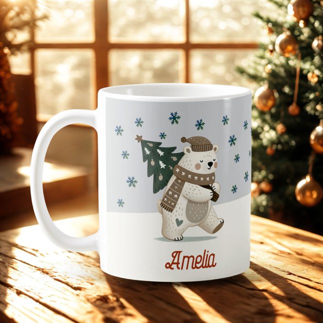 Cute Polar Bear Snowflakes Drawing Name Christmas Coffee Mug (Creator Uploaded)