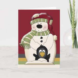 Cute Polar Bear Snowman and Penguins Christmas Holiday Card