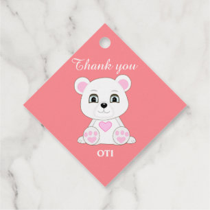 Cute polar bear thank you on golden & coral pink favour tags