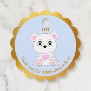 Cute polar bear thank you on golden & light blue favour tags