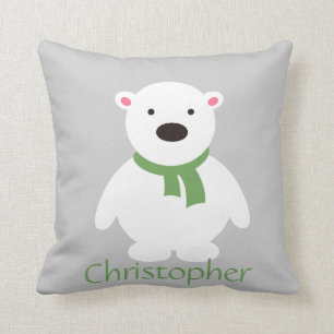 Cute Polar Bear w Green Scarf, Add Name Cushion