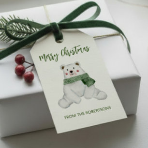 Cute Polar Bear Wearing Green Scarf Christmas Gift Tags