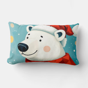 Cute Polar Bear Wearing Santa Hat and Scarf Lumbar Cushion