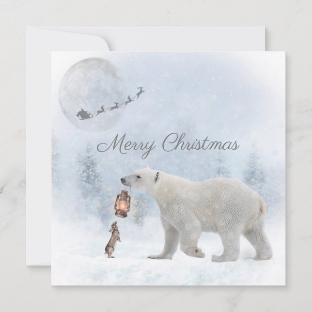 Cute Polar Bear Wild Rabbit Santa Winter Christmas Holiday Card (Front)