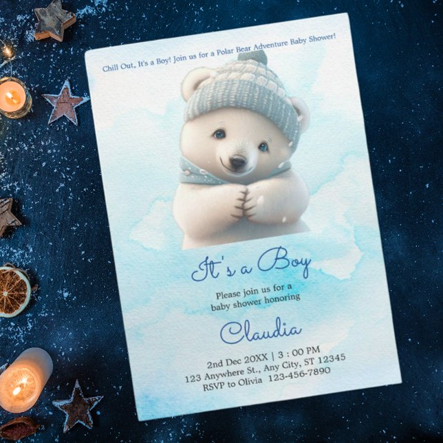 Cute Polar Bear Winter Blue Baby Shower Its Boy Invitation (Creator Uploaded)