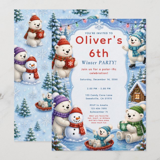Cute Polar Bear Winter Party Invitation (Front/Back)
