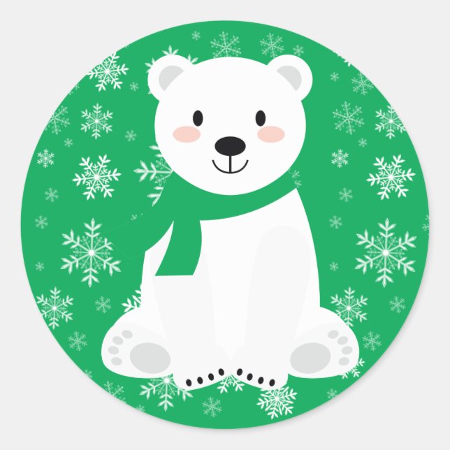 Cute Polar Bear Winter Snowflake Green Classic Round Sticker (Front)