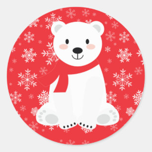 Cute Polar Bear Winter Snowflake Red Classic Round Sticker