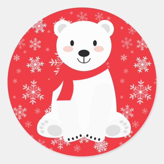 Cute Polar Bear Winter Snowflake Red Classic Round Sticker (Front)