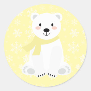 Cute Polar Bear Winter Snowflake Yellow Classic Round Sticker