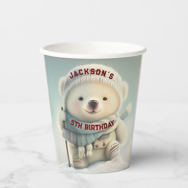 Cute Polar Bear Winter Wonderland Birthday Paper Cups (Front)