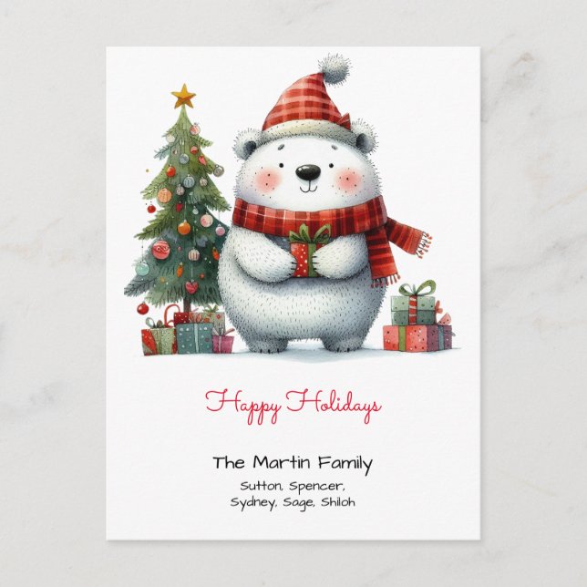 Cute Polar Bear with Christmas Tree Happy Holidays Postcard (Front)