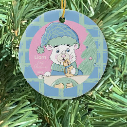 Cute Polar Bear with Cookie 1st Christmas Ornament