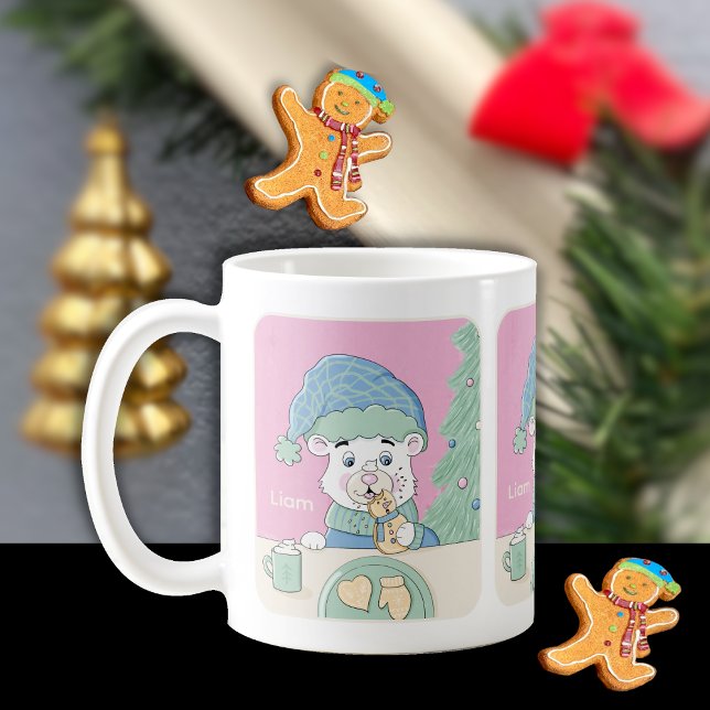 Cute Polar Bear with Cookie Kid Holiday Mug (Festive Holiday mug with name .)