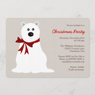 Cute Polar Bear with Red Bow Christmas Party Invitation