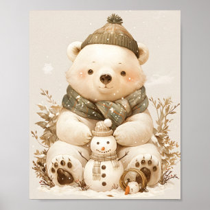 Cute Polar Bear With Snowman Poster Nursery Decor