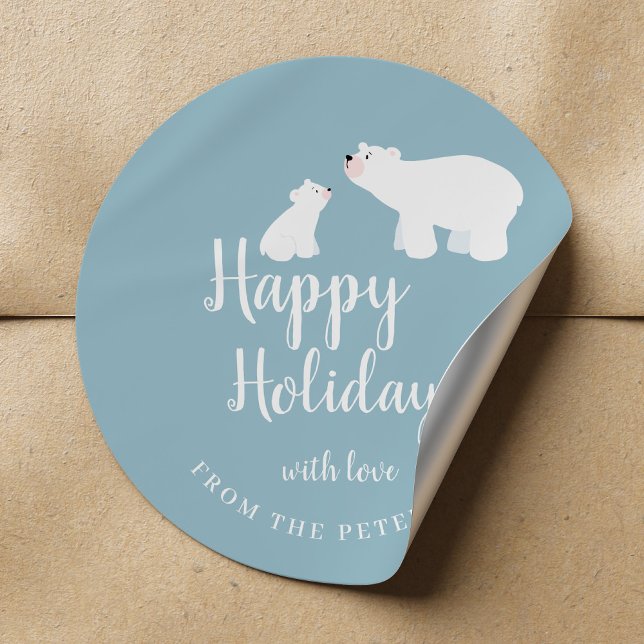 Cute polar bears dusty blue white Happy Holidays Classic Round Sticker (Creator Uploaded)