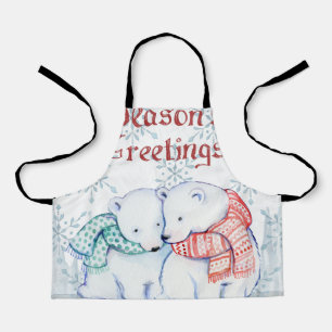 Cute Polar Bears in Red and Green Scarf Apron
