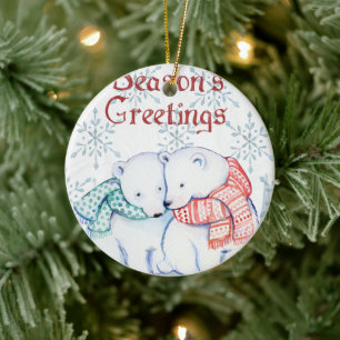 Cute Polar Bears in Red and Green Scarf Ceramic Tree Decoration