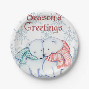 Cute Polar Bears in Red and Green Scarf Paper Plate