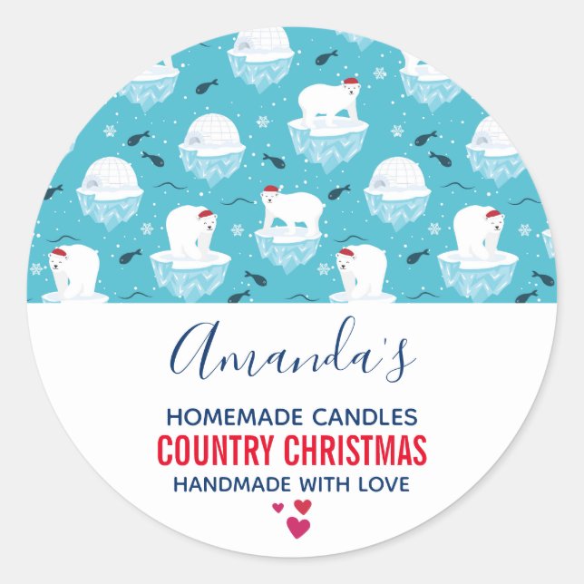 Cute Polar bears in Santa Hats Christmas Candle Classic Round Sticker (Front)
