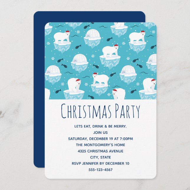 Cute Polar bears in Santa Hats Christmas Party Invitation (Front/Back)
